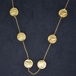Retro matte gold mini coins Greek mythology Athena /owl portrait sweater chain - Picture 1 of 4