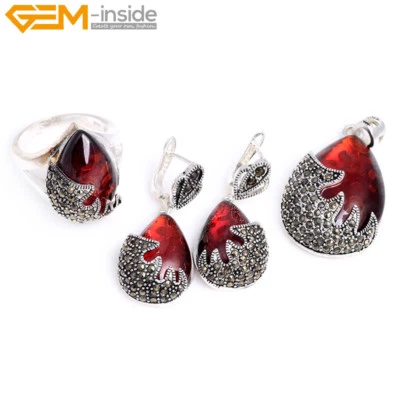 Gota Tibetano Plata Rojo Vidrio Antiguo Anillo Pendientes Colgante Joyería Conjunto Regalo Foto 1 de 4