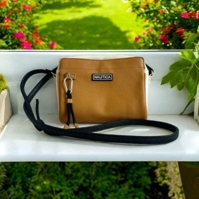 Women’s Bag Nautica Zip Closure Crossbody Bag White Tan Black PU Leather Purse - Image 1 of 4