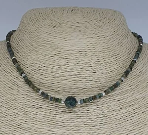 Collana Choker Argento Sterling 925 Riempimento Oro Tormalina Verde Fatta a Mano - Foto 1 di 6