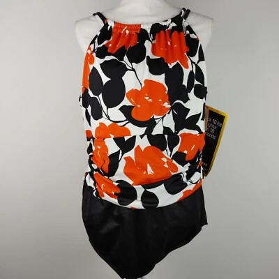 Traje de baño Miraclesuit de una pieza talla grande 24W negro blanco naranja floral Foto 1 de 4