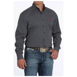 MTW1105270 Cinch Para Hombre Azul Marino Gris y Rojo Estampado Mangas Largas Camisa Occidental NUEVA - Imagen 1 de 1