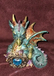 Baby Aqua Dragon Figurine with Gem 5 Inches COLORFUL- HEART W/ BLUE JEWEL Dragon - Picture 1 of 15