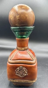 Vintage Leder umwickelt Karaffe grün Glas Providentiae Memor Wappen - Bild 1 von 15