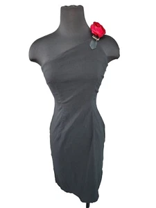 Express One Shoulder Bodycon Black Dress w/ Red Rose Pin Stretch Womens Size 1/2 - Picture 1 of 12
