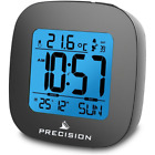 'Precision Digital Radio Controlled Alarm Clock With Big Blue Led Black Silver