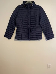 Sono Womens Navy Puffer Jacket L Drawstring Waist Gold Zipper Outdoors Cozy - Picture 1 of 9