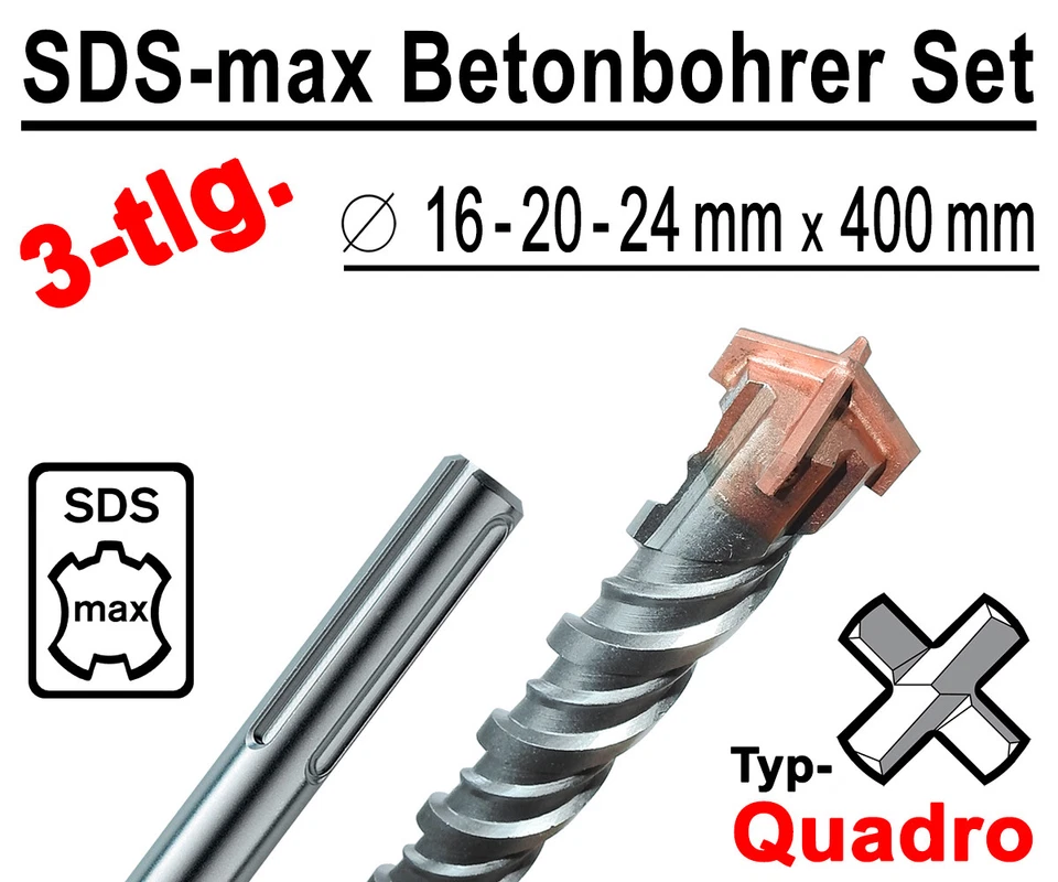 SDS-max Betonbohrer Set 3-tlg Quadro Bohrer Hammerbohrer 16mm 20mm 24mm x 400mm - Bild 1 von 4