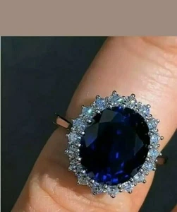 6.50 Ct Real Sapphire & Lab Created Diamond Engagement Ring 925 Sterling Silver - Picture 1 of 12