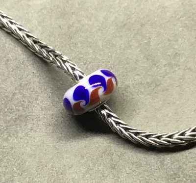 Trollbead Bead OOAK oldie Silver & Murano Glass, white, brown & blue swirls - Image 1 of 4