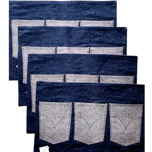 Set of 4 Heavy Duty Denim Placemats with 3 Utensil Pockets Blue Cotton 18X13"  - Picture 1 of 7