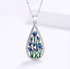 Blue Enamel Zircon Floral Design Teardrop Pendant Necklace Retro Platinum Plated - Picture 1 of 3