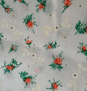 Vintage White Flocked Cotton Fabric Orange Green Floral 1 yd 5" long x 44" wide - Picture 1 of 4