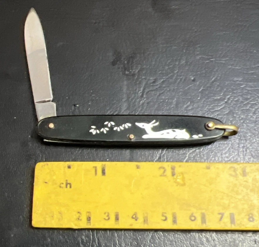 Cuchillo de bolsillo chino vintage ciervo ganso negro aluminio latón hoja única Foto 1 de 4