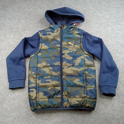 Chaqueta Puma Niños Mediana 10-12 Azul Camuflada Con Capucha Cremallera Completa Abrigo Abombado Cálido Foto 1 de 4