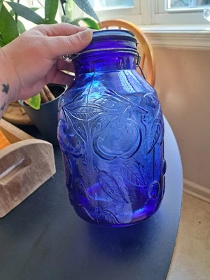 Colbot Blue Fruit Empossed jar, Canister, Small Chip On Lid. Missing Rubber Seal - Image 1 of 4