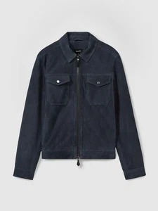 Reiss Pike Suede Trucker Jacket In  Navy Blue XL - Fits like Large - Great Cond! - Picture 1 of 4