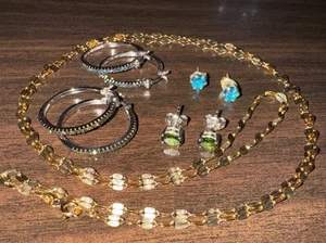 925 Sterling Silver Jewelry Lot (2) Pave Hoop Earrings (2) Studs (1) Necklace - Picture 1 of 18