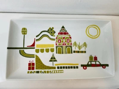 Crate & Barrel Julia Rothman Christmas Yule Town 10" Serving Platter Tray Car - Image 1 of 4