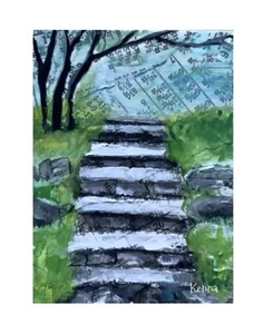 Painting Gouache Aceo Original By Kenna Garden Steps 2.5” X 3.5” Signed - Picture 1 of 4