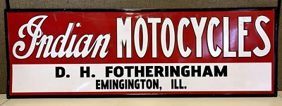 Letrero Indian Motorcycles en relieve de hojalata D.H. Fotheringham Emingington, Ill. Foto 1 de 4