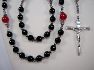 Herren schwarz 23+" Rosenkranz 2" NAGEL CX Kath schwarzer Onyx & roter Achat Masculino Rosario - Bild 1 von 12