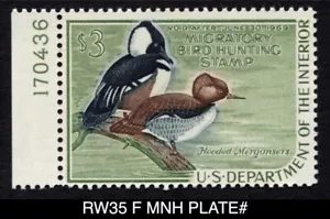 RW35 F MNH PLATE# 1968 Hooded Mergansers US Federal Duck Stamp Waterfowl - Picture 1 of 3