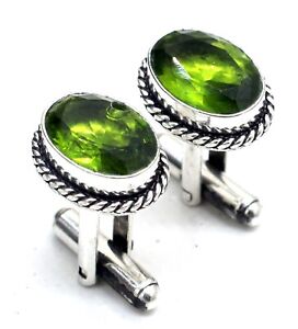 925 Sterling Silver Green Peridot Gemstone Handmade Jewelry Cuff Links Size-1