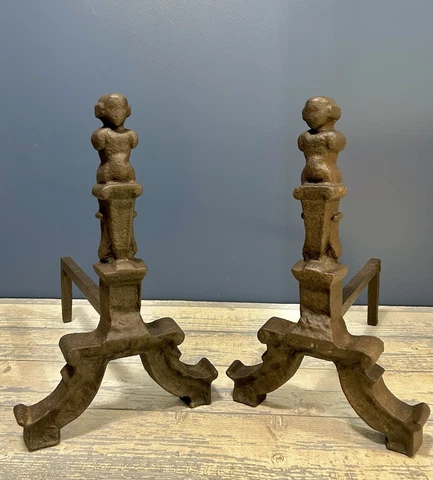 Large Old Figurative Early Cast Iron Heavy Andirons Fire Dogs Country House Cover