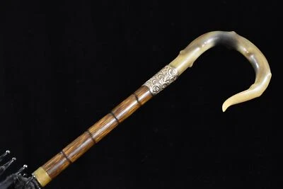 Antique Folding Black Silk Umbrella Parasol Fancy Handle 35-1/8" *View All Imgs) - Image 1 of 4