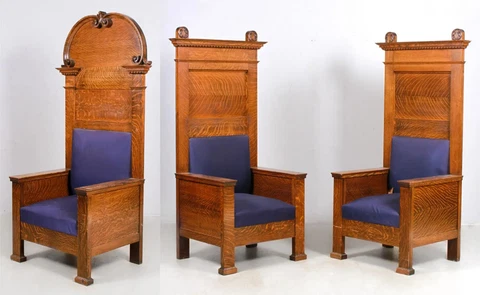Antique Chairs, Hall, Three Large Oak Hall Chairs,  Blue Fabric, Early 1900's!! Cover