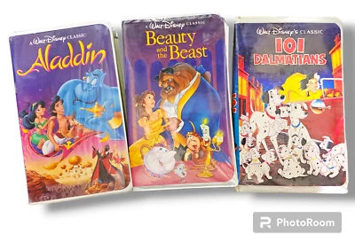 Disney VHS Movies Aladdin 101 Dalmatians Beauty Beast Black Diamond Lot 3 Classi — 第 1/4 张图片