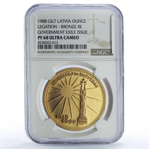 Latvia 1 ounce Independence History Politics X#5b PF68 NGC bronze coin 1988 - Picture 1 of 2
