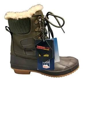 Khombu Kerigan Winter Duck Boots Womens Sz 7 Green Gray Rubber Faux Fur Lace Up - Image 1 of 4