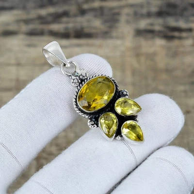 Unico Citrino Gemma 925 Argento Sterling Mano Ciondolo Gioielli Donna Regalo - Immagine 1 di 4