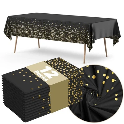 12 Pack Plastic Table Cloth Disposable, 54”x108” Black and Gold Table Cloths ... - Image 1 of 4
