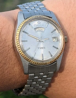 Reloj para hombre Omax President automático suizo 17 joyas esfera plateada vintage raro Foto 1 de 4