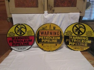 3 verschiedene Shell Oil Company Warnung Petroleum Pipeline 12" bemalte Blechschilder - Bild 1 von 5