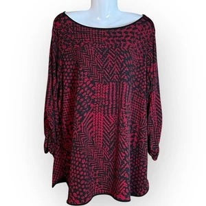 SUSAN GRAVER Top Womens 1X Black Red Liquid Knit Long Tunic Artsy Ruched Sleeves - Picture 1 of 14