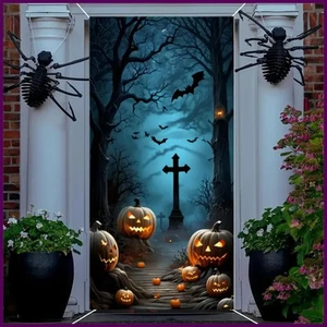 Cubierta de puerta de Halloween pancarta aterrador árbol muerto cementerio calabazas horror noche decoración - Imagen 1 de 59