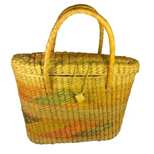 Vintage Straw Seagrass Bag Purse Tote Pink Teal - Picture 1 of 8