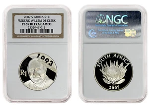SOUTH AFRICA 1 Rand 2007 NGC PF69 'Nobel Prize Winner -Frederik Willem de Klerk' - Picture 1 of 3