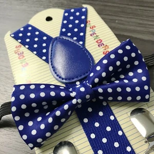 "ROYAL BLUE POLKA DOT" Matching Suspender & Bow-Tie Kids Toddler Baby Boys Girls - Picture 1 of 5