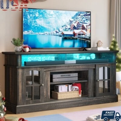 Durable TV Stand Tempered Glass Rustic Oak Storage Solutions Entertainment New - Image 1 of 4