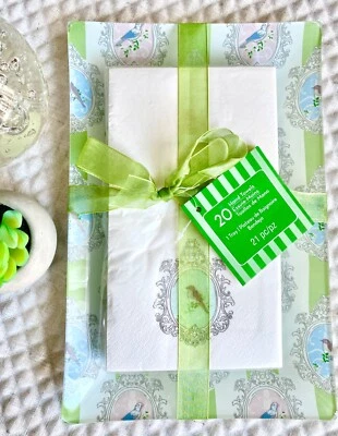 New Bird Print Paper Guest Towels Napkins w/ Bird & Green Striped Glass Tray - Image 1 of 4