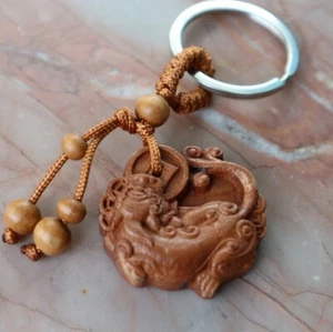 Feng Shui Wood Pi Yao/Pi Xiu Figurine Key Chain Good Fortune Protection - Picture 1 of 5