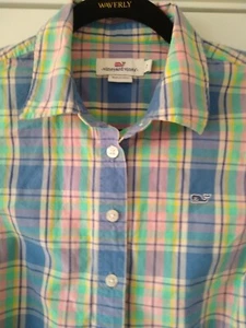 Vineyard Vines pastellkariert Popover Damen Top Größe 2 Roll Tab Ärmel - Bild 1 von 10