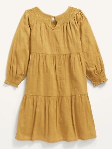 Old Navy Sunflower Gold Long-Sleeve Tiered Textured-Dobby Dress for Girls NWT