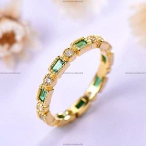 Natural Emerald Diamond Antique Band Anniversary Ring For Girls 14k Yellow Gold - Picture 1 of 6