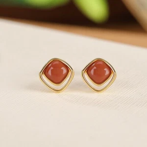 Pendientes cuadrados ágata roja F02 forma geométrica dorado plata 925 - Imagen 1 de 5